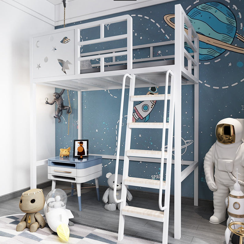 Built-In Ladder Loft Bed Metal White/Black Kids Bed with Guardrail, Space Theme