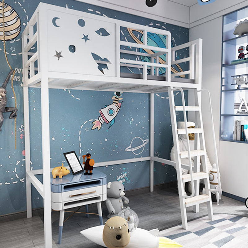 Built-In Ladder Loft Bed Metal White/Black Kids Bed with Guardrail, Space Theme