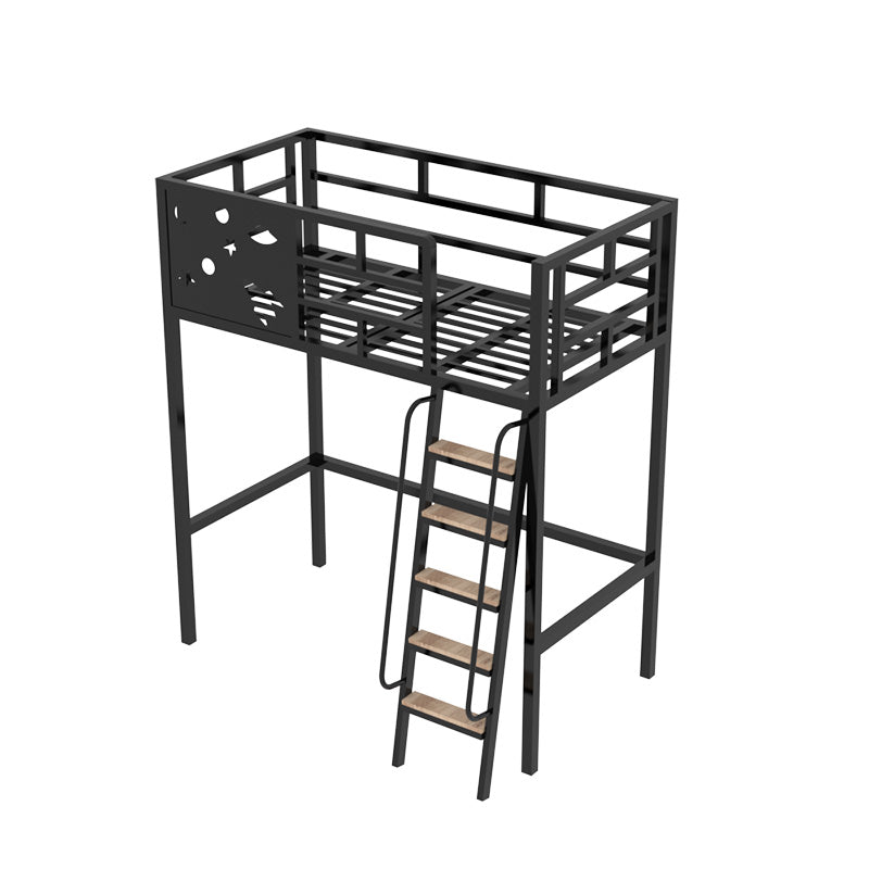 Built-In Ladder Loft Bed Metal White/Black Kids Bed with Guardrail, Space Theme