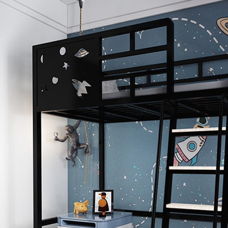 Built-In Ladder Loft Bed Metal White/Black Kids Bed with Guardrail, Space Theme