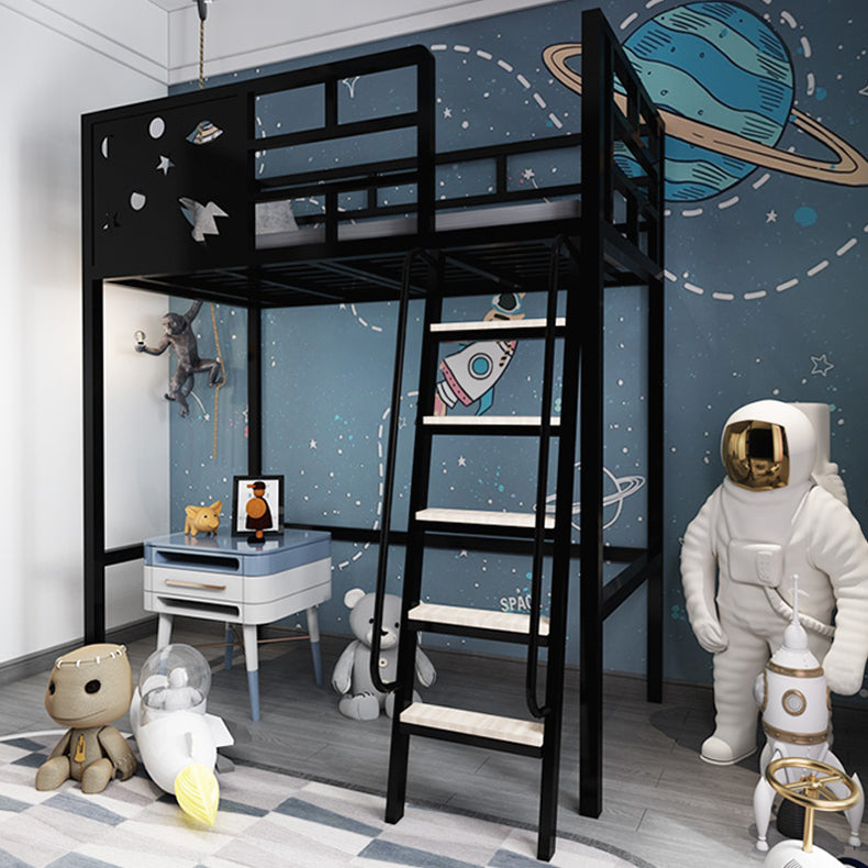 Built-In Ladder Loft Bed Metal White/Black Kids Bed with Guardrail, Space Theme