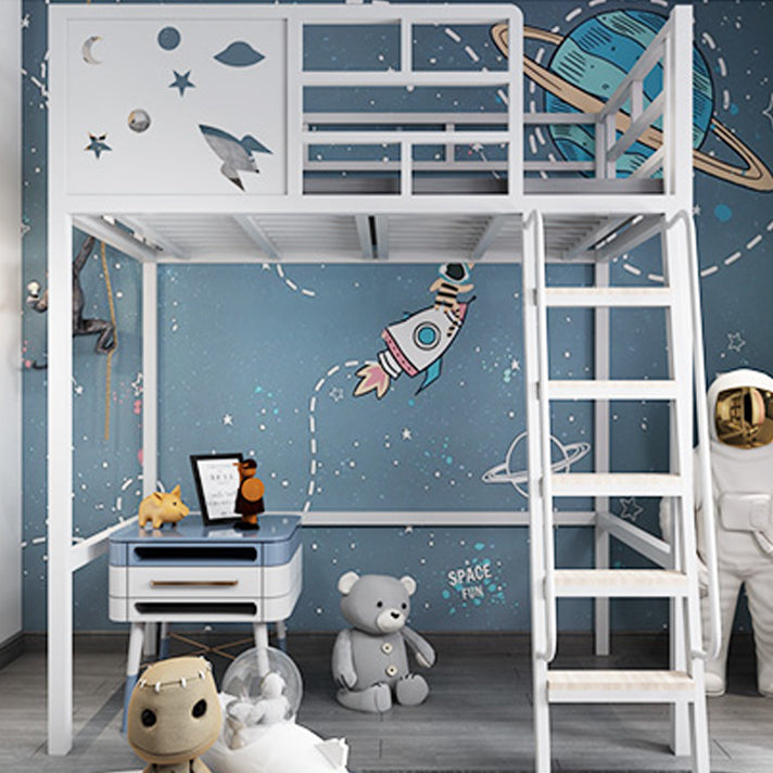 Built-In Ladder Loft Bed Metal White/Black Kids Bed with Guardrail, Space Theme