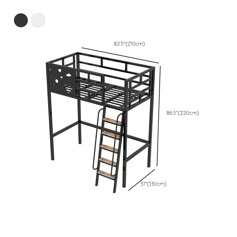 Built-In Ladder Loft Bed Metal White/Black Kids Bed with Guardrail, Space Theme