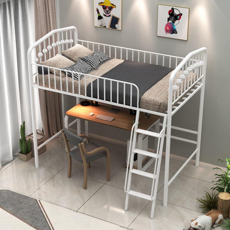 Built-In Ladder Loft Bed Metal White/Black Kids Bed with Guardrail