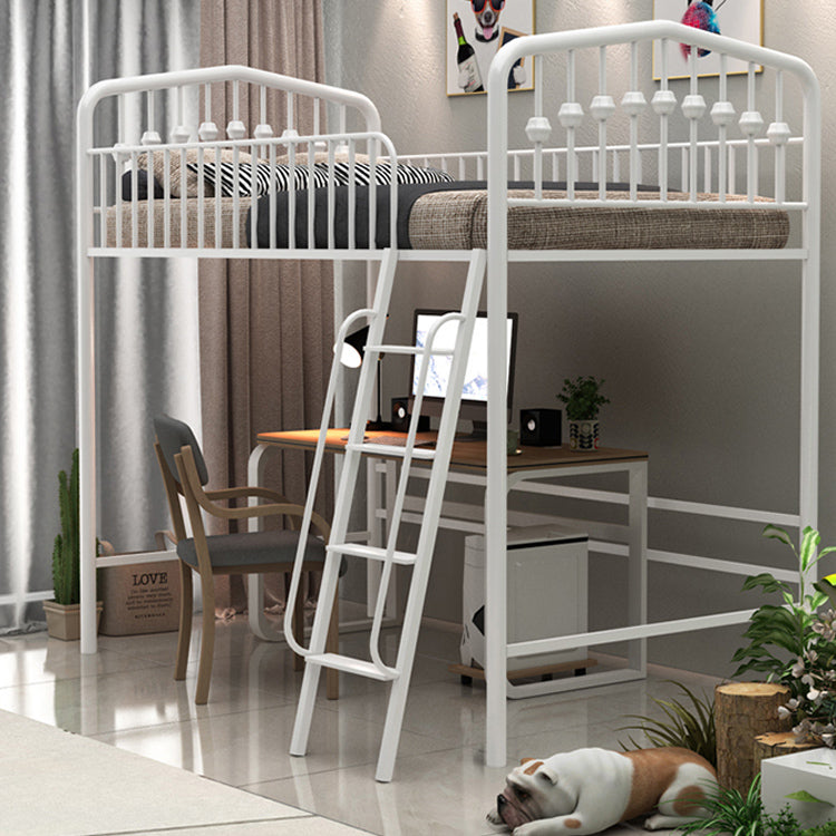 Built-In Ladder Loft Bed Metal White/Black Kids Bed with Guardrail