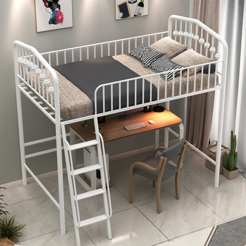 Built-In Ladder Loft Bed Metal White/Black Kids Bed with Guardrail