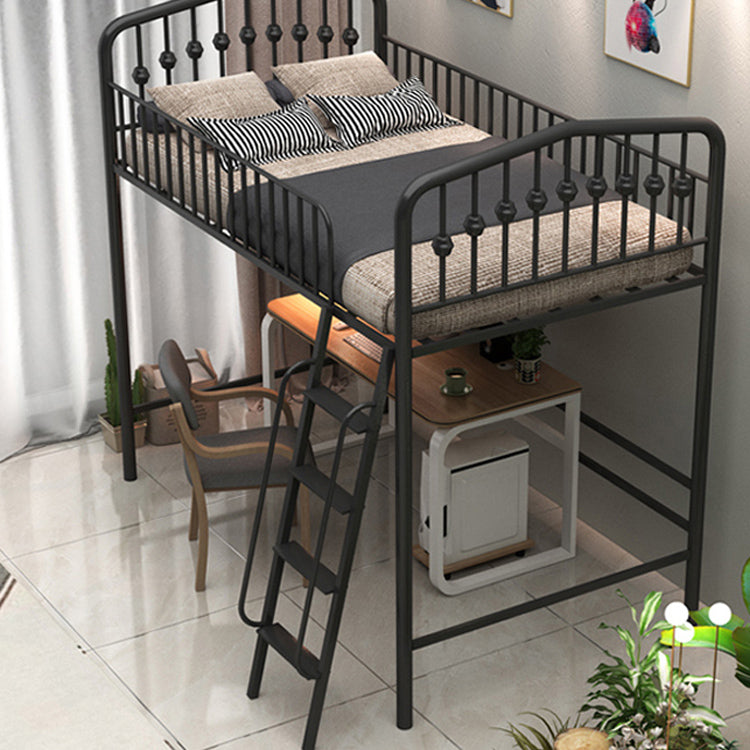 Built-In Ladder Loft Bed Metal White/Black Kids Bed with Guardrail