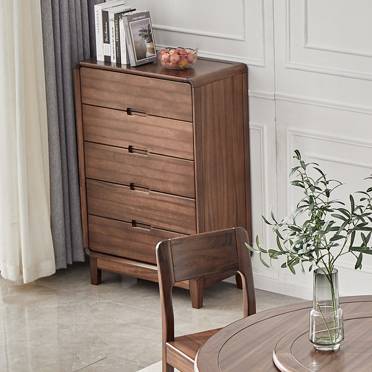 Mid-Century Modern Walnut Chest with 5 Drawers Rectangle Chest in Brone