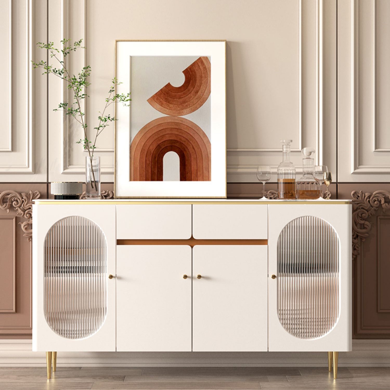 Beige Dining Buffet with Drawers Glam Sideboard Cabinet for Kitchen