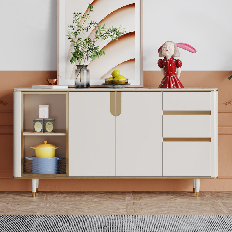 White Buffet Sideboard with Glass Doors Glam Dining Server with LED Lights