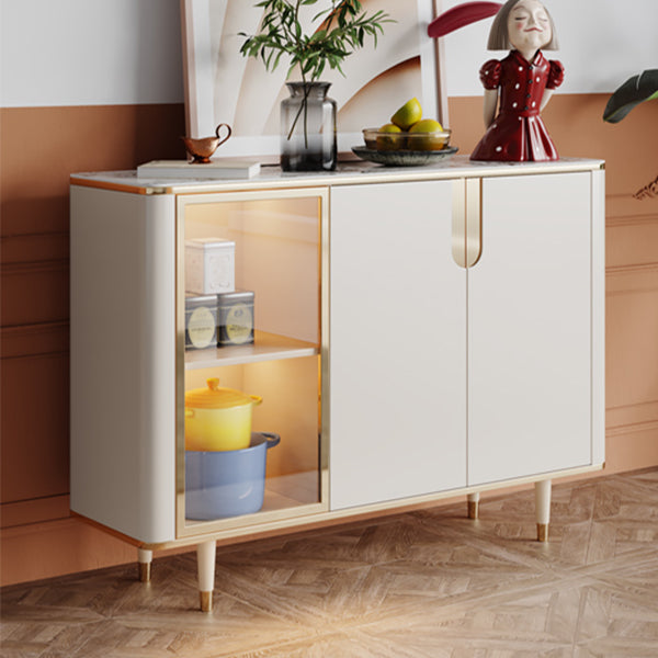 White Buffet Sideboard with Glass Doors Glam Dining Server with LED Lights