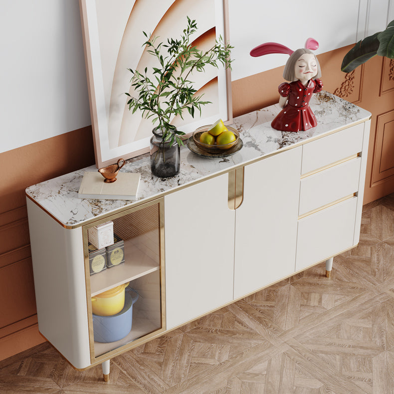 White Buffet Sideboard with Glass Doors Glam Dining Server with LED Lights