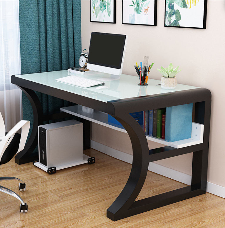 Contemporary Glass Top Office Desk Rectangular Writing Desk with Metal Legs