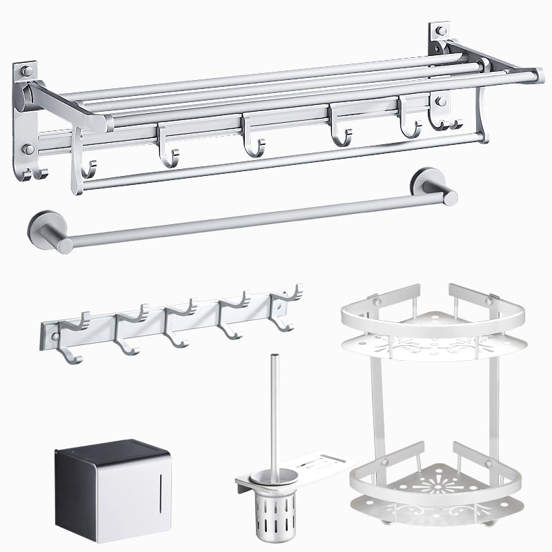 Silver Modern Bathroom Accessory Set with Bath Shelf/Towel Bar & Robe Hooks