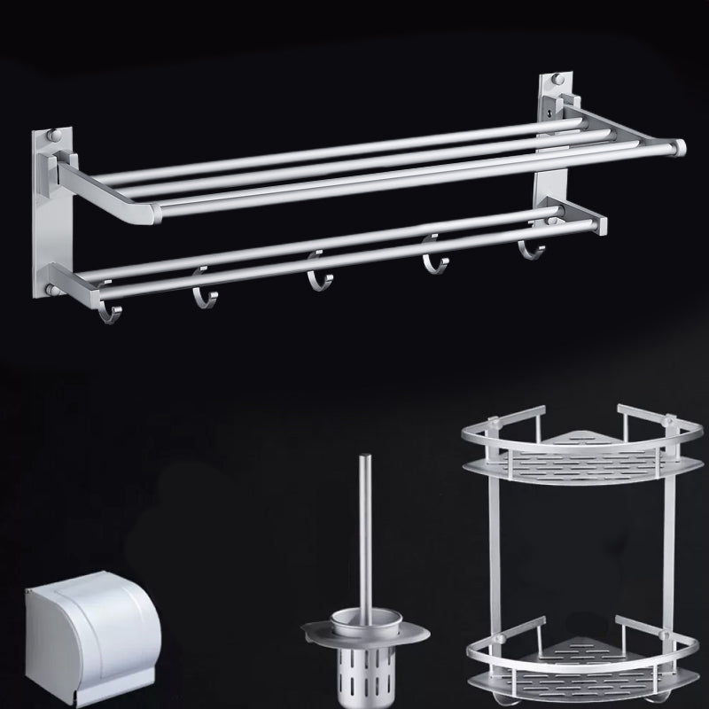 Silver Modern Bathroom Accessory Set with Bath Shelf/Towel Bar & Robe Hooks