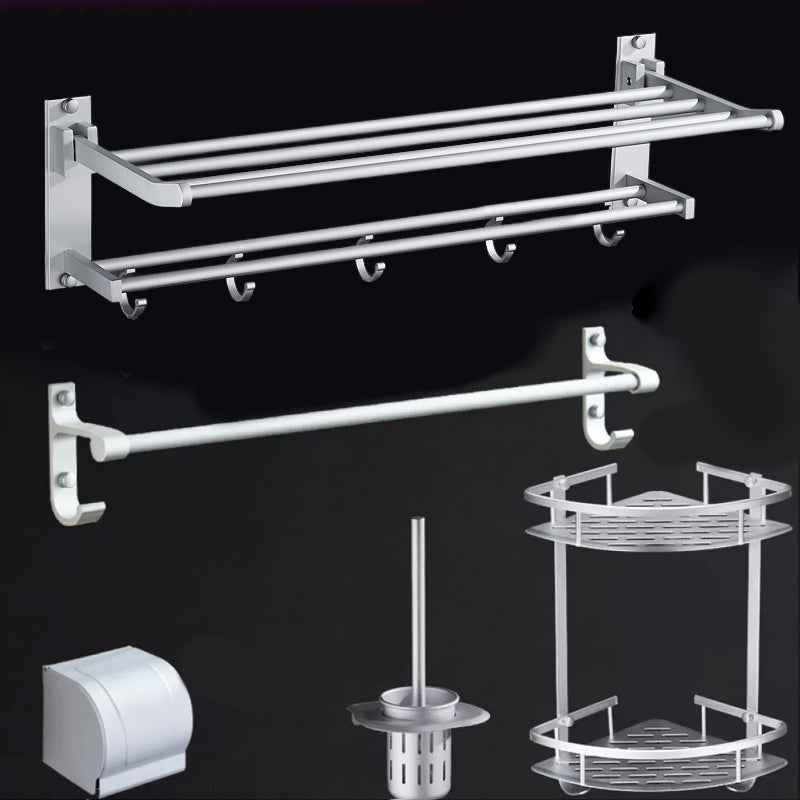 Silver Modern Bathroom Accessory Set with Bath Shelf/Towel Bar & Robe Hooks