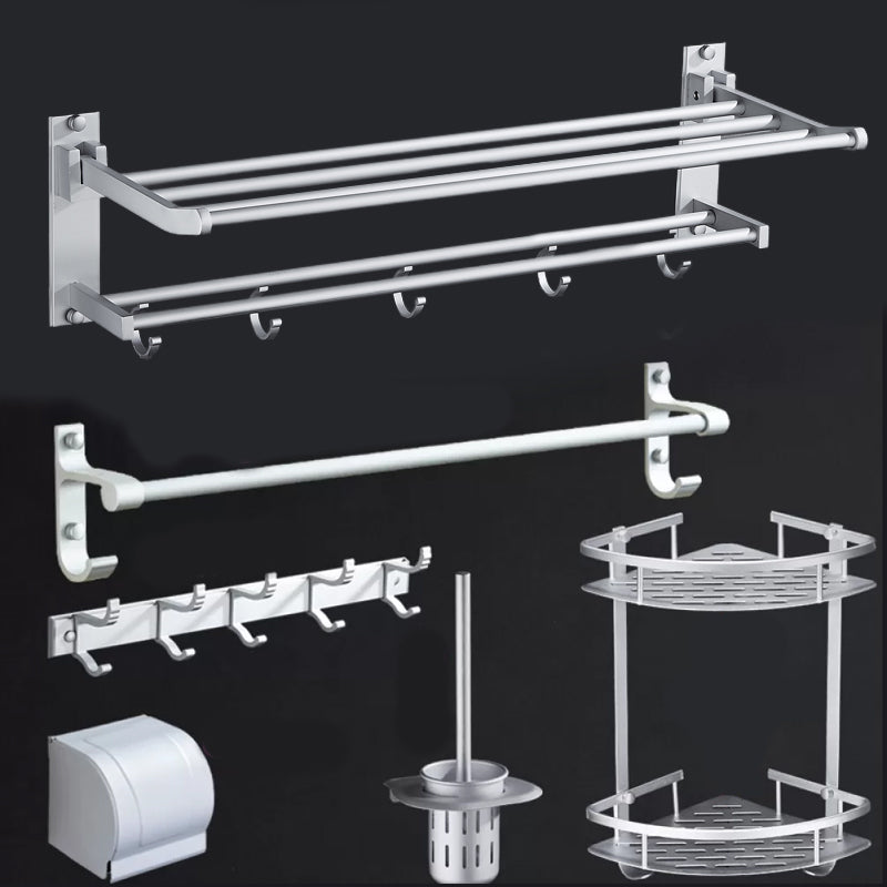 Silver Modern Bathroom Accessory Set with Bath Shelf/Towel Bar & Robe Hooks