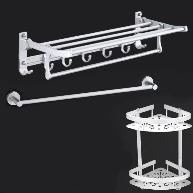 Silver Modern Bathroom Accessory Set with Bath Shelf/Towel Bar & Robe Hooks