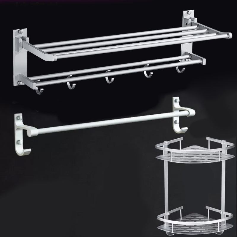 Silver Modern Bathroom Accessory Set with Bath Shelf/Towel Bar & Robe Hooks