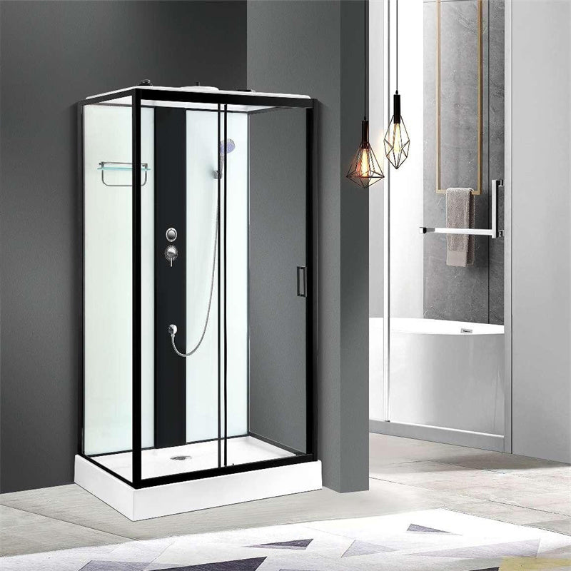 Shower Stall Semi-Frameless Single Sliding Black Rectangle Shower Stall