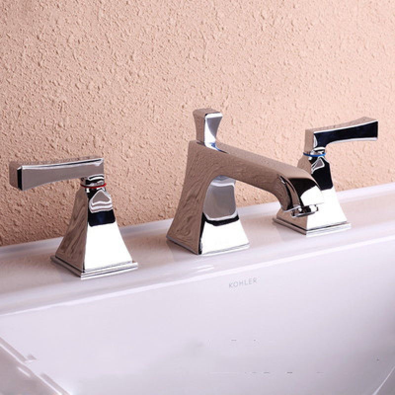 Double Handle Vanity Sink Faucet Brass 3 Hole Bathroom Faucet with Hot and Cold Indication