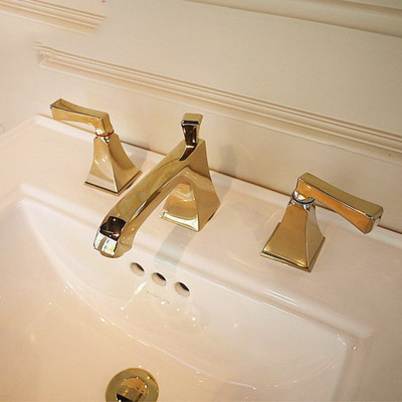 Double Handle Vanity Sink Faucet Brass 3 Hole Bathroom Faucet with Hot and Cold Indication