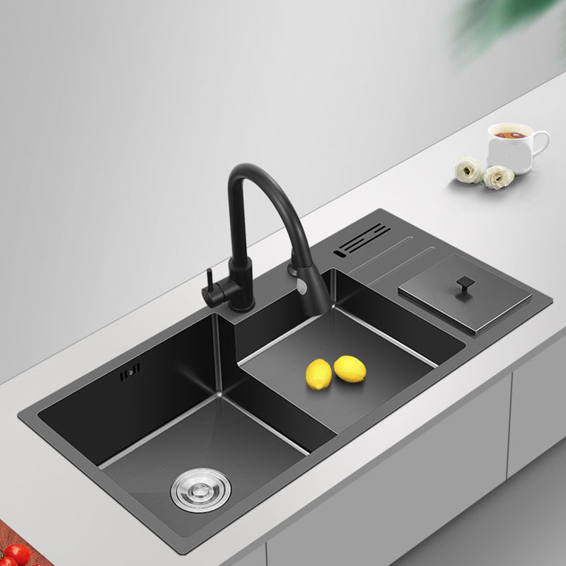 Black Stainless Steel Kitchen Sink 2 Holes Sink with Basket Strainer