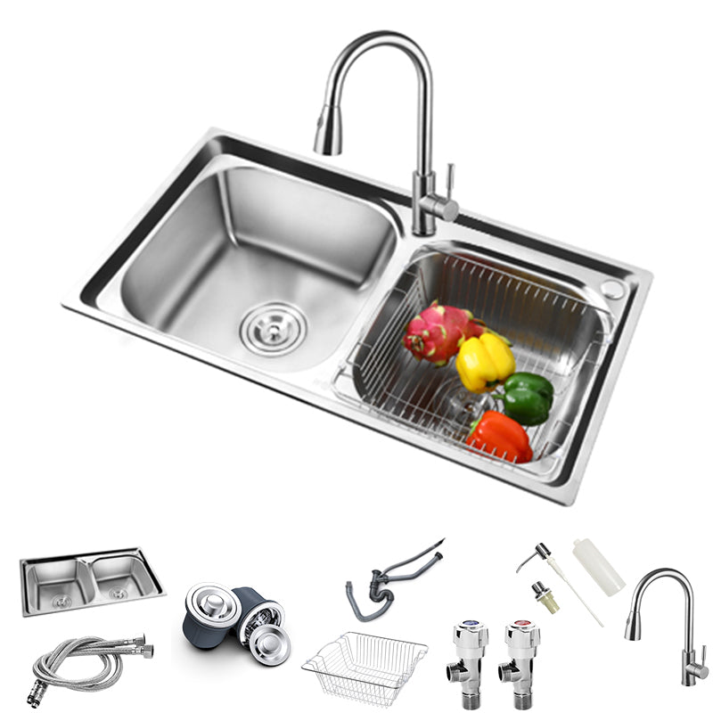 Rectangle 2 Holes Kitchen Sink with Basket Strainer Stainless Steel Double Basin Sink