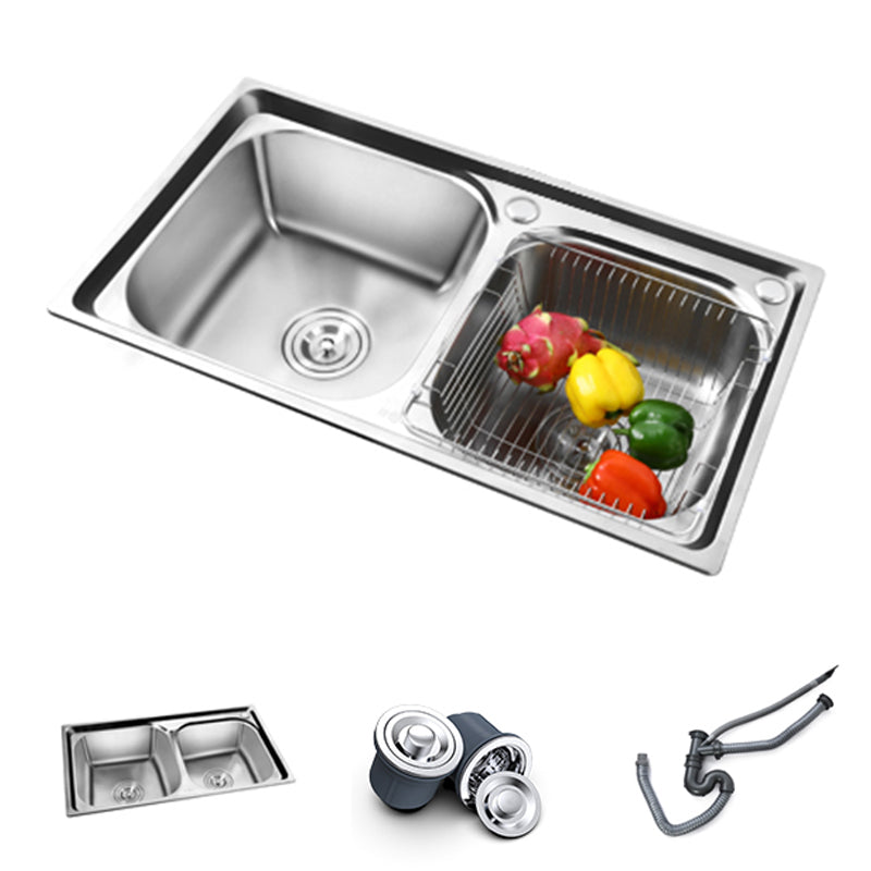 Rectangle 2 Holes Kitchen Sink with Basket Strainer Stainless Steel Double Basin Sink