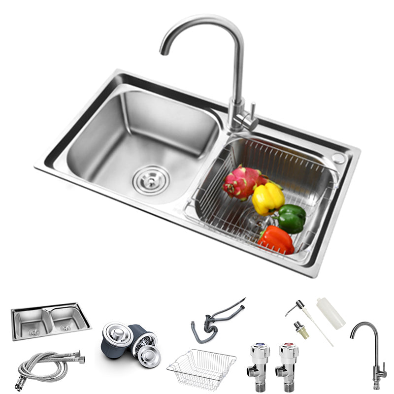 Rectangle 2 Holes Kitchen Sink with Basket Strainer Stainless Steel Double Basin Sink