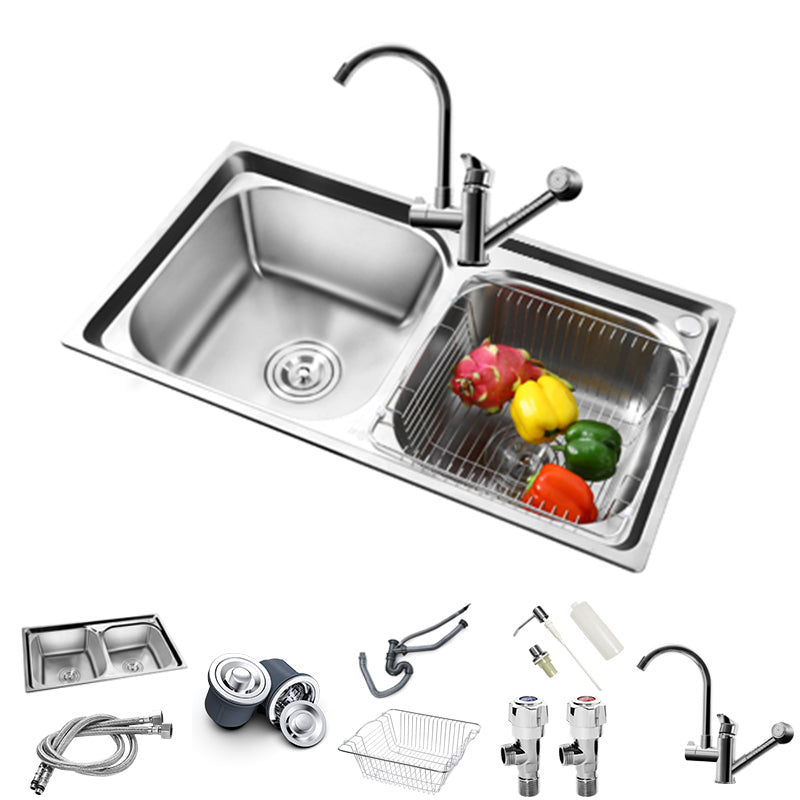 Rectangle 2 Holes Kitchen Sink with Basket Strainer Stainless Steel Double Basin Sink