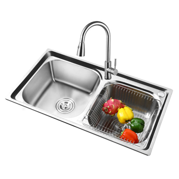 Rectangle 2 Holes Kitchen Sink with Basket Strainer Stainless Steel Double Basin Sink