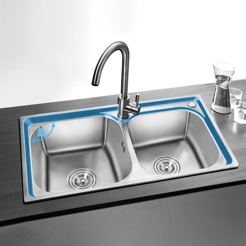 Rectangle 2 Holes Kitchen Sink with Basket Strainer Stainless Steel Double Basin Sink