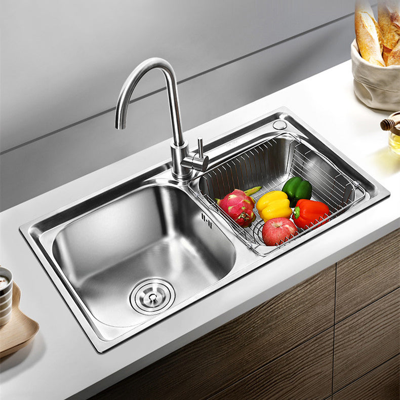 Rectangle 2 Holes Kitchen Sink with Basket Strainer Stainless Steel Double Basin Sink