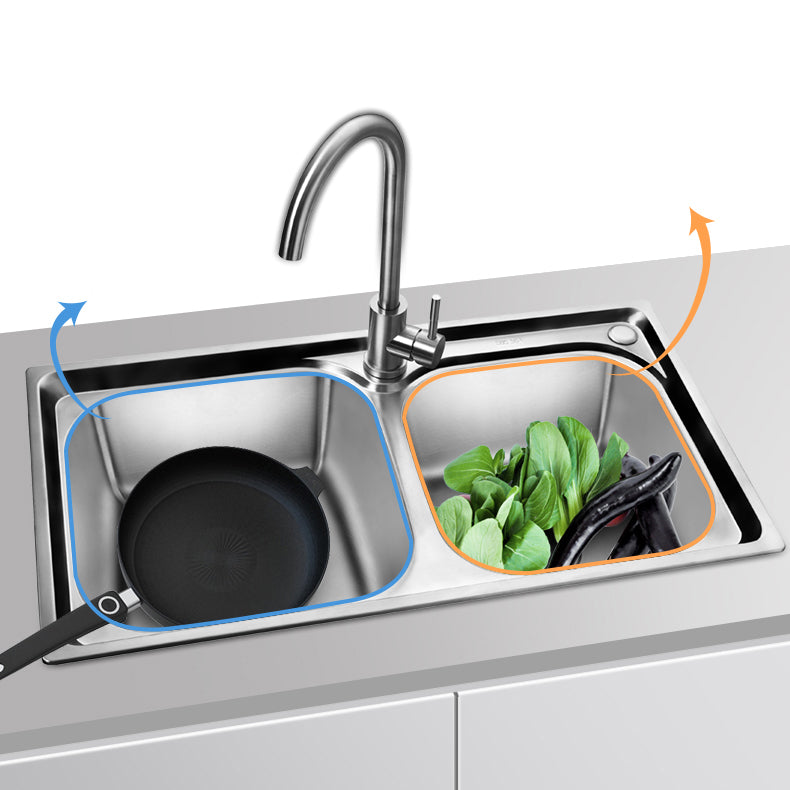 Rectangle 2 Holes Kitchen Sink with Basket Strainer Stainless Steel Double Basin Sink