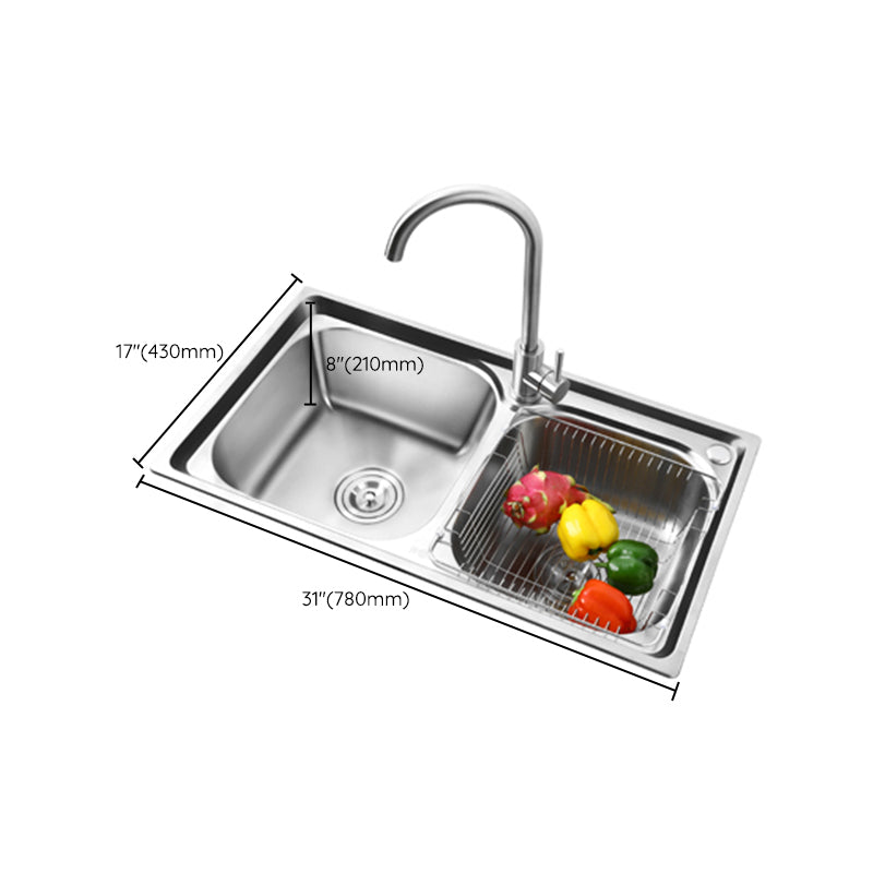 Rectangle 2 Holes Kitchen Sink with Basket Strainer Stainless Steel Double Basin Sink