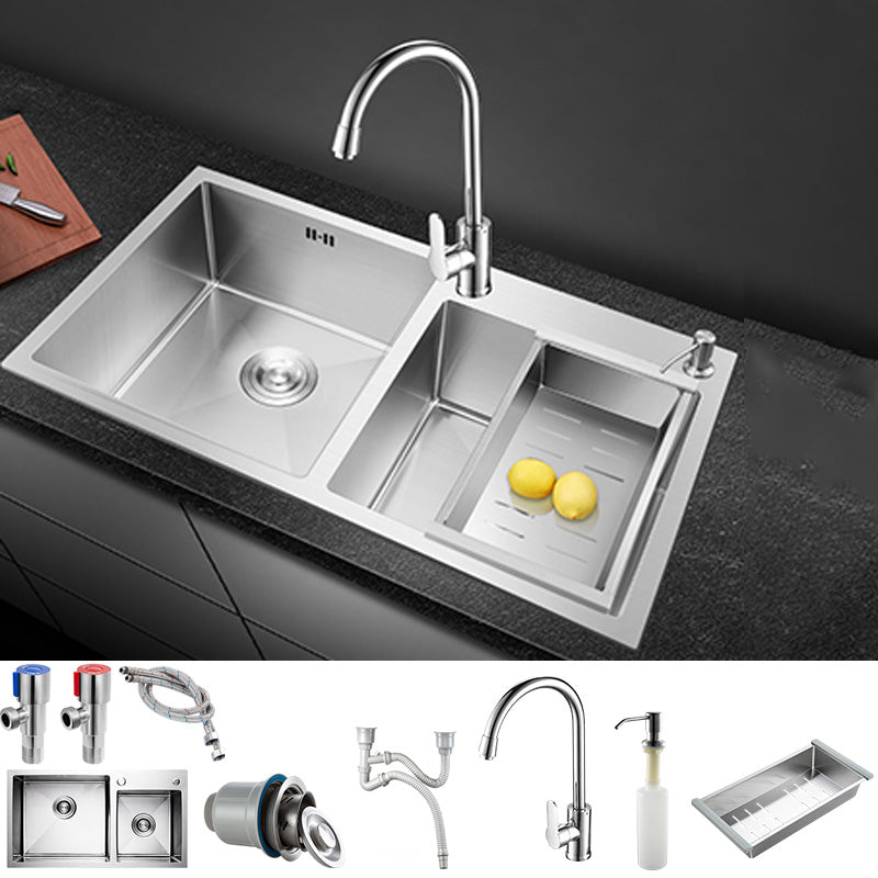 Contemporary Stainless Steel Kitchen Sink Double Basin Sink with Drain Assembly