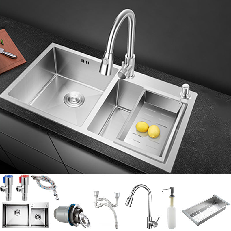 Contemporary Stainless Steel Kitchen Sink Double Basin Sink with Drain Assembly