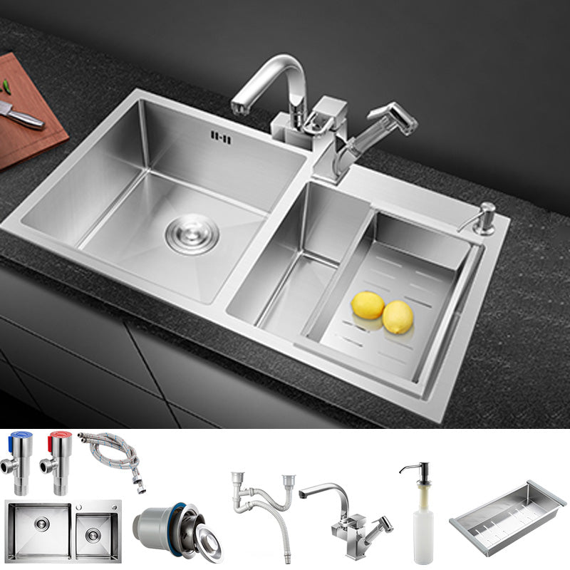 Contemporary Stainless Steel Kitchen Sink Double Basin Sink with Drain Assembly