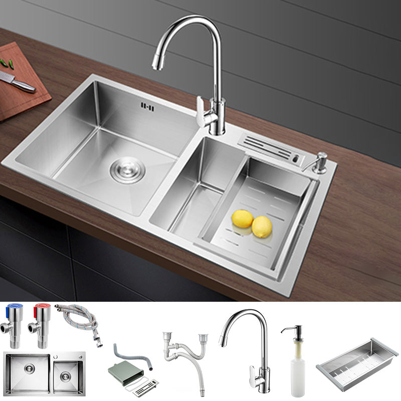 Contemporary Stainless Steel Kitchen Sink Double Basin Sink with Drain Assembly