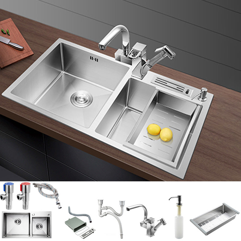 Contemporary Stainless Steel Kitchen Sink Double Basin Sink with Drain Assembly