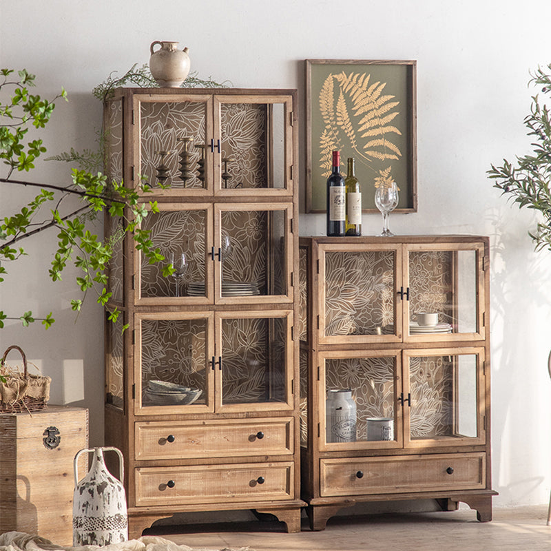 Traditional Oil Oak Curio Cabinet Glass Doors Hutch Buffet with Doors