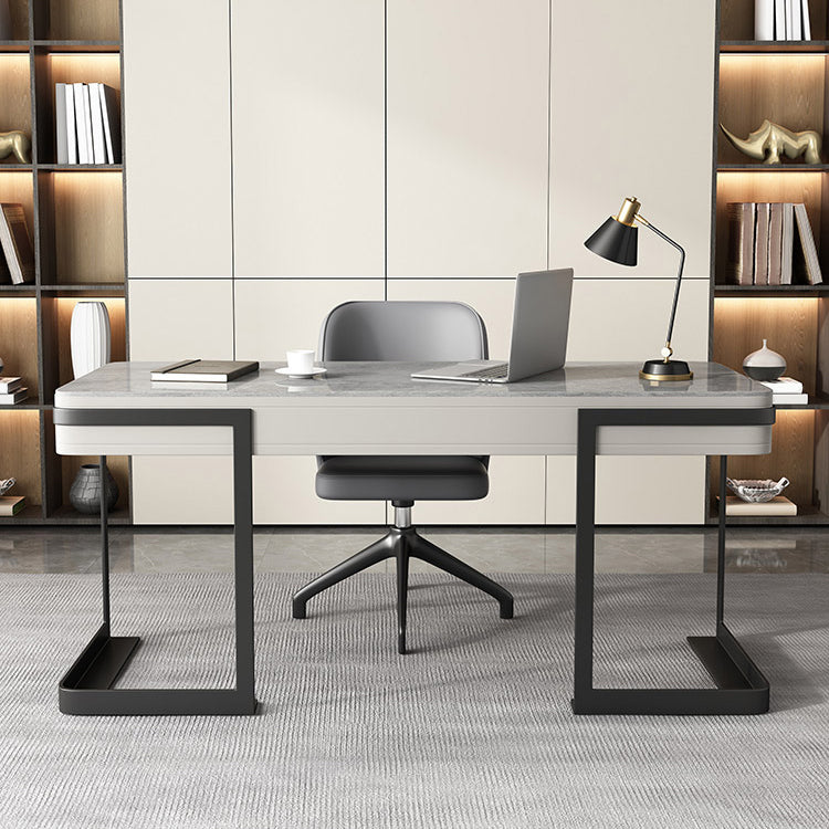 Contemporary Rectangular Writing Desk Stone Office Desk in Gray with 2 Drawers