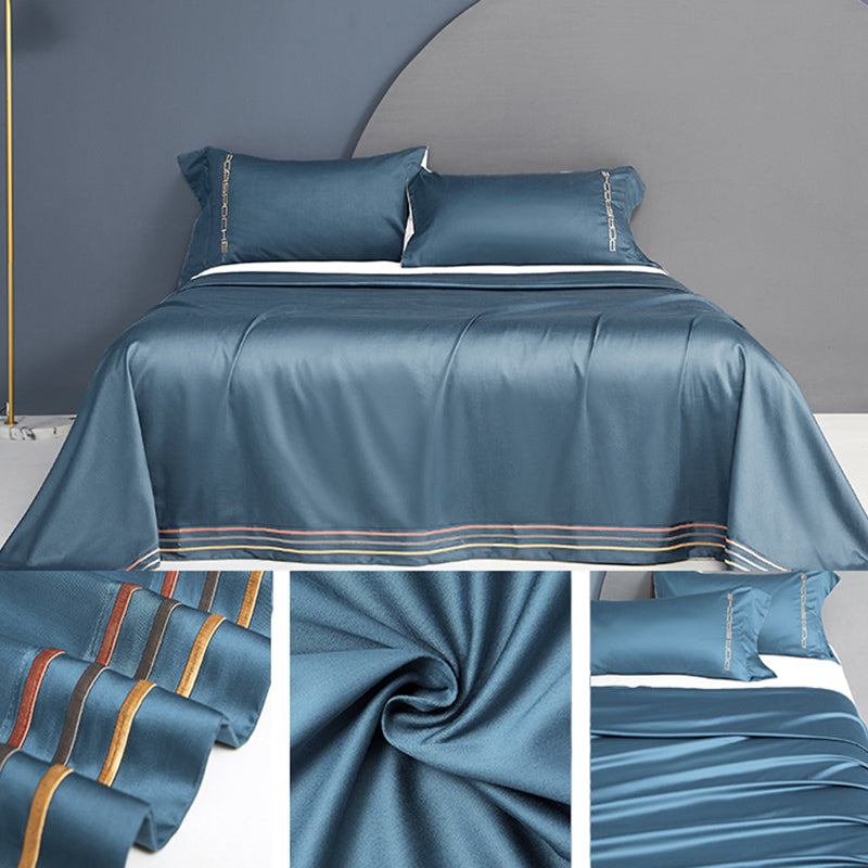 Silky Bed Sheet 3-Piece Embroidery Striped Wrinkle Resistant Sheet Set