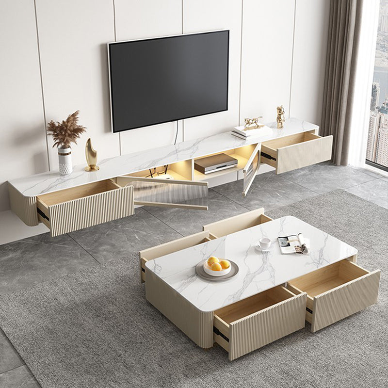 Contemporary Media Console Floating Stone Stand Console with Doors