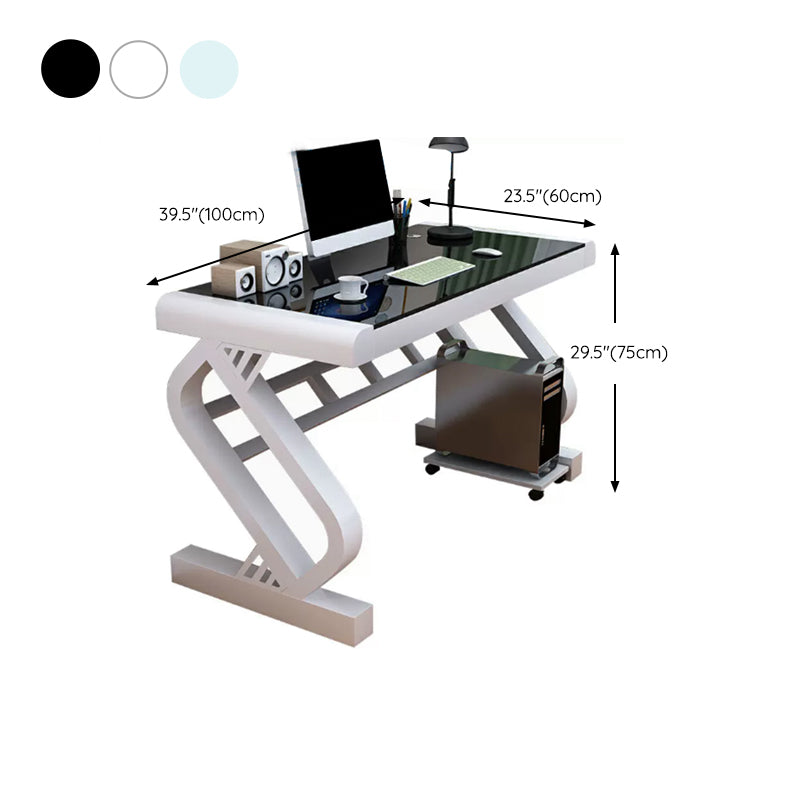 Contemporary Office Desk Antique Finish Glass Top Computer Desk with Metal Legs