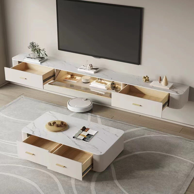 Contemporary Floating Media Console White Faux Wood Stand Console with Drawers