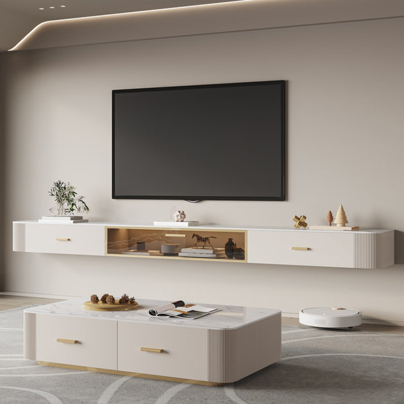 Contemporary Floating Media Console White Faux Wood Stand Console with Drawers