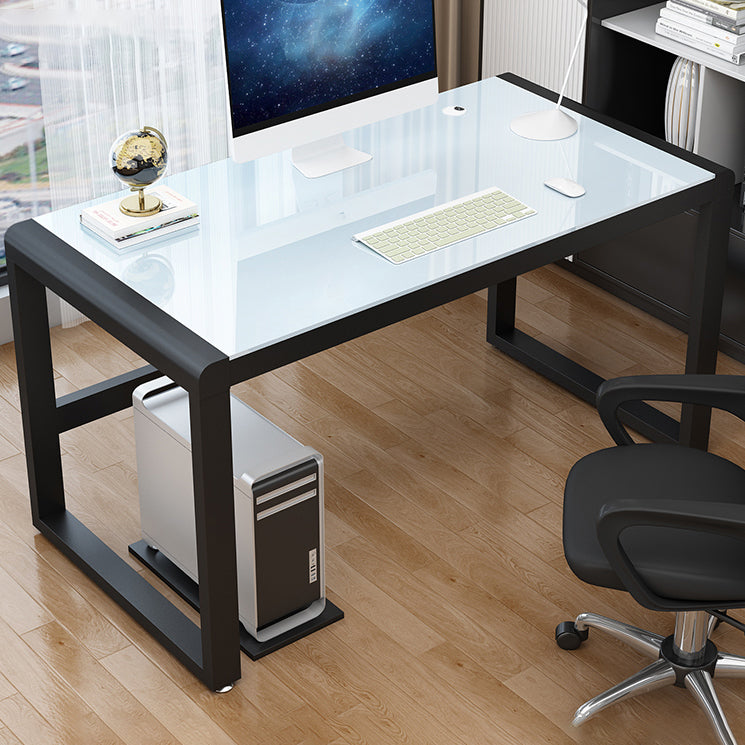 Contemporary Glass-Top Office Desk Antique Finish Computer Desk with Metal Legs