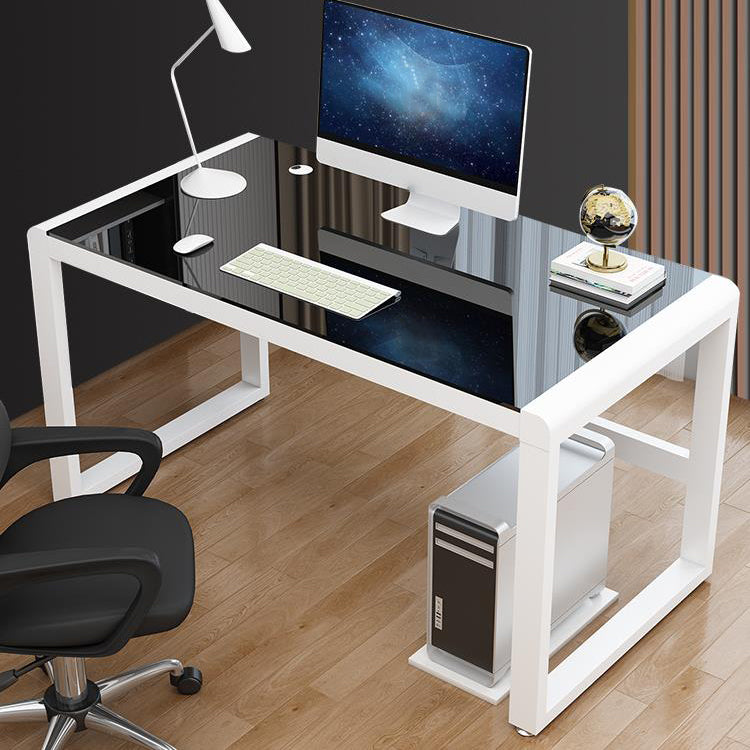 Contemporary Glass-Top Office Desk Antique Finish Computer Desk with Metal Legs